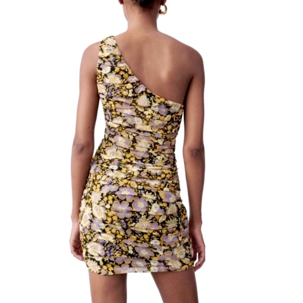 Zara Floral Metallic Ruched One Shoulder Mini Dress Size XS - Picture 3 of 13